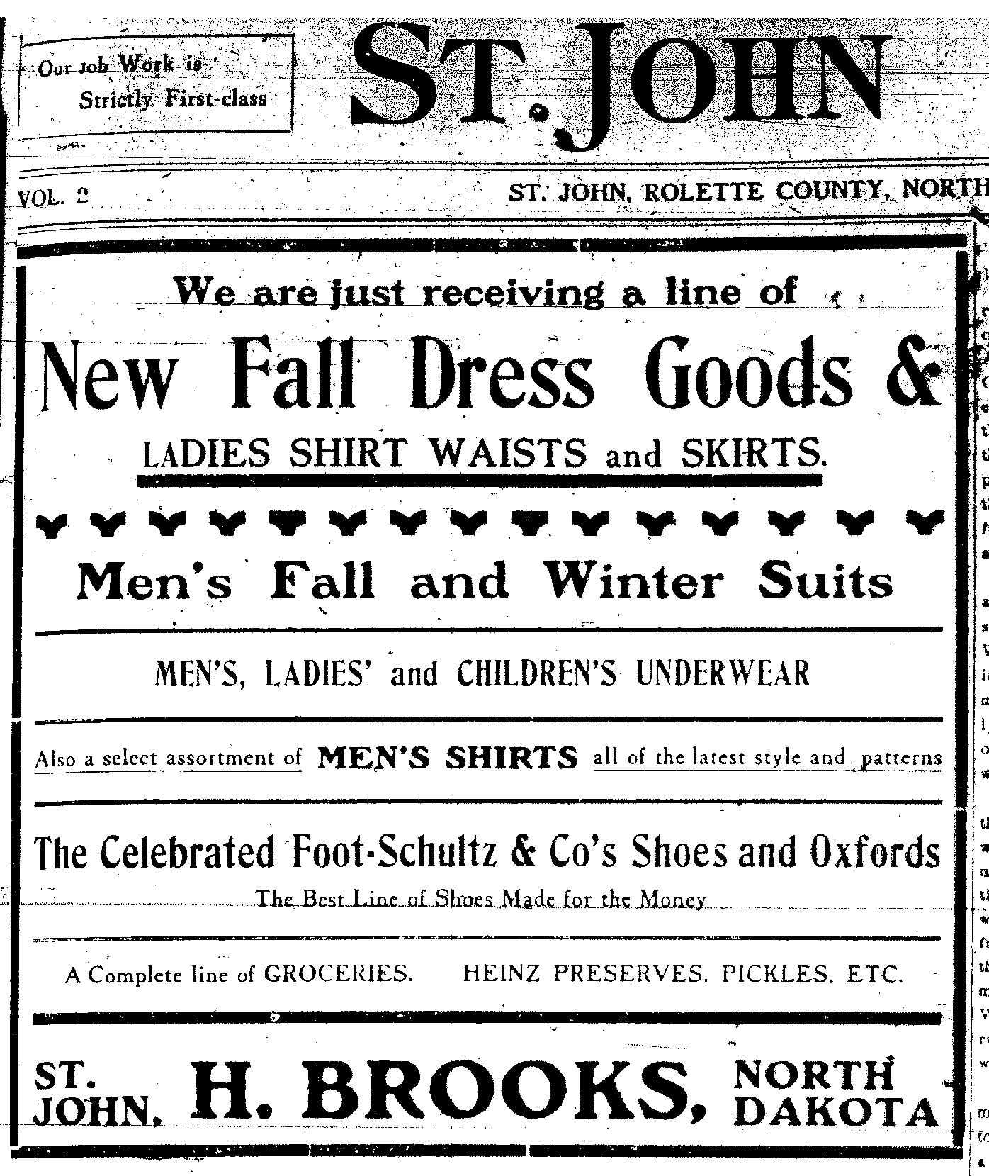 Image of Newspaper Advertizement for Hubert Brooks General Store from St John ND paper Aug 6, 1908 St. John Tribune